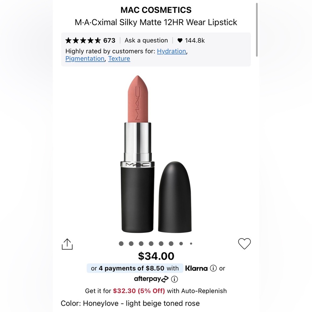 NWT MAC COSMETICS M•A•Cximal Silky Matte 12HR Wear Lipstick, Honeylove